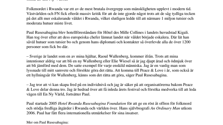 Paul Rusesabagina till Peace & Love - Människorättskämpen från folkmordet i Rwanda inleder med tal