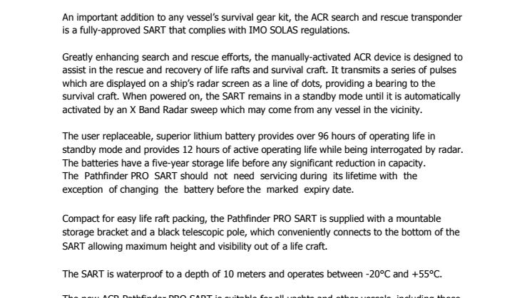  ACR Electronics Inc: Introduces New Pathfinder PRO SART 