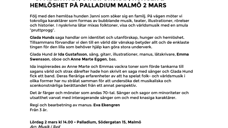 Barn på Palladium – "Janni hittar hem" med Glada Hund – om identitet, utanförskap,  hunger & hemlöshet på Palladium 2 mars