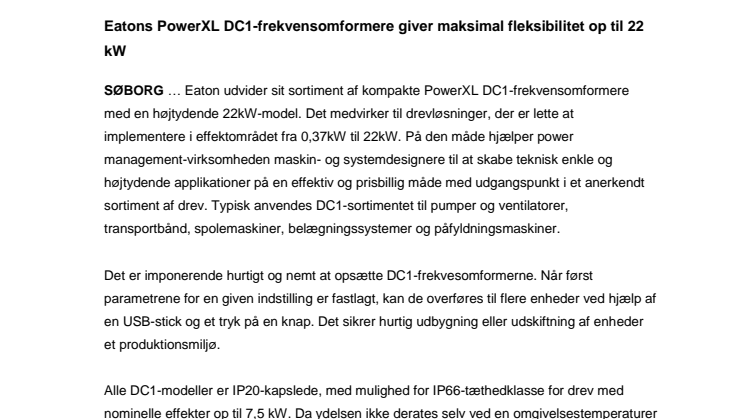 Eatons PowerXL DC1-frekvensomformere giver maksimal fleksibilitet op til 22 kW