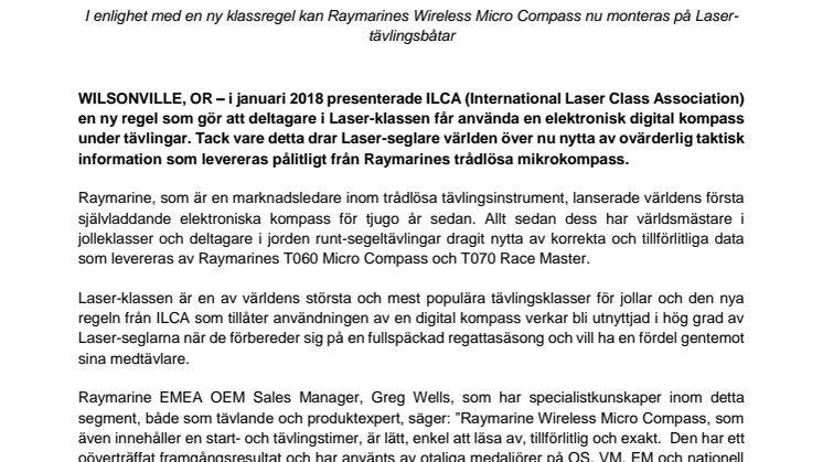 Raymarine: Tävlande i Laser-klassen drar nytta av Raymarines Micro Compass i världsklass