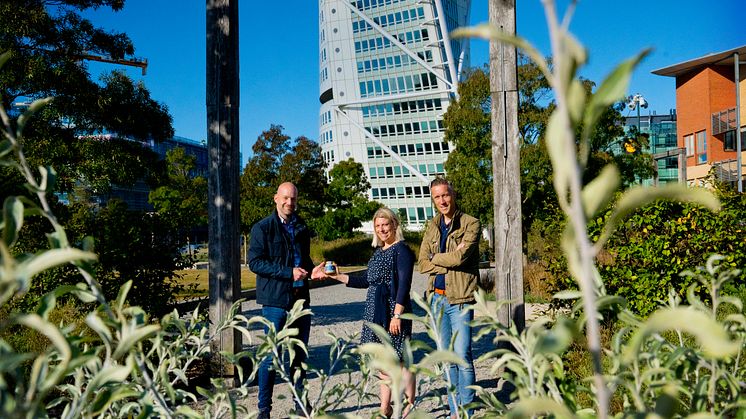 Marcus Johansson, chef för HSB Sundsfastigheter, och biodlarna Eva och Thomas Klevås.