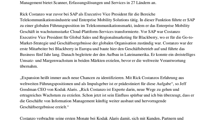 Rick Costanzo ist neuer President von Kodak Alaris Information Management