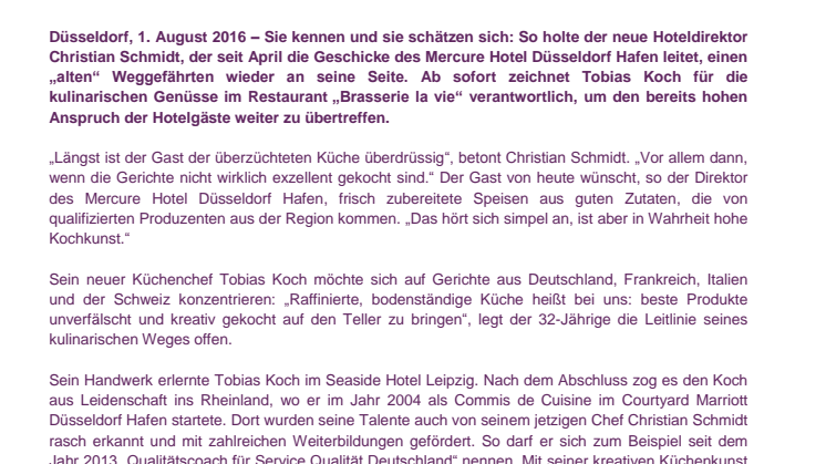 ​Neues kulinarisches Konzept im Mercure Hotel Düsseldorf Hafen