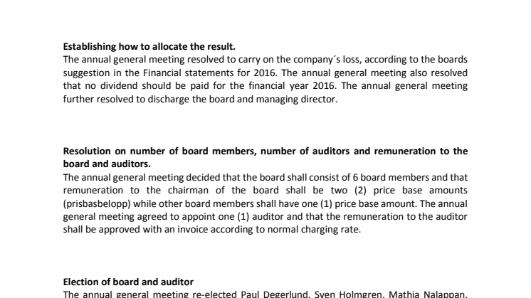  GWS Production AB: Resolution after 2017 Annual General Meeting 