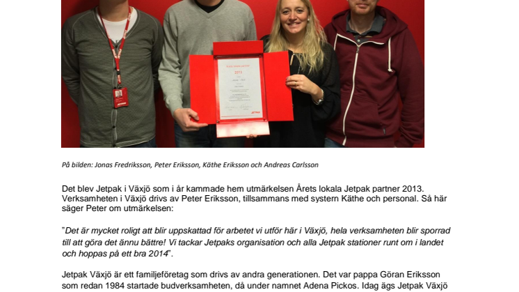 Jetpak Växjö blev årets Franchisetagare 2013         