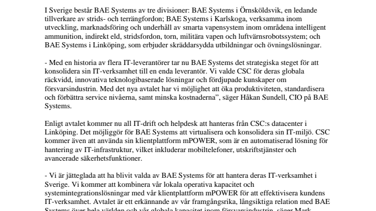 BAE Systems tecknar IT-outsourcingavtal med CSC