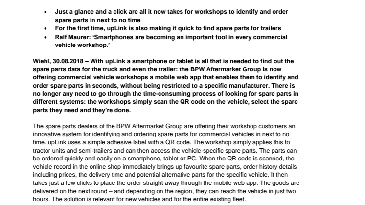 The BPW Aftermarket Group is making it a piece of cake for commercial vehicle workshops to identify spare parts: with upLink 