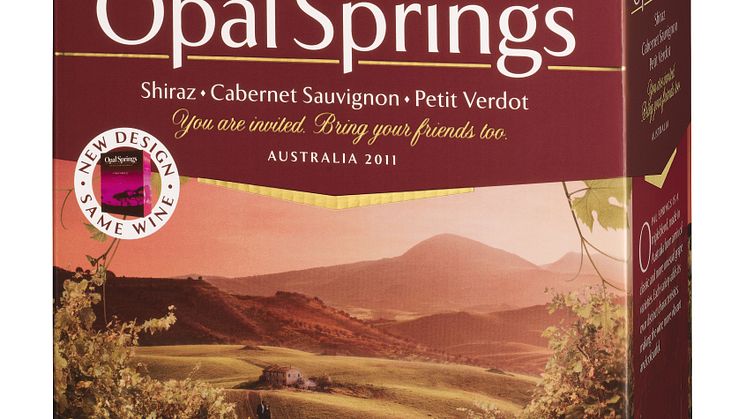 Opal Springs på bag in box, en blend av Shiraz, Cabernet Sauvignon & Petit Verdot nu med ny årgång och nytt utseende.    