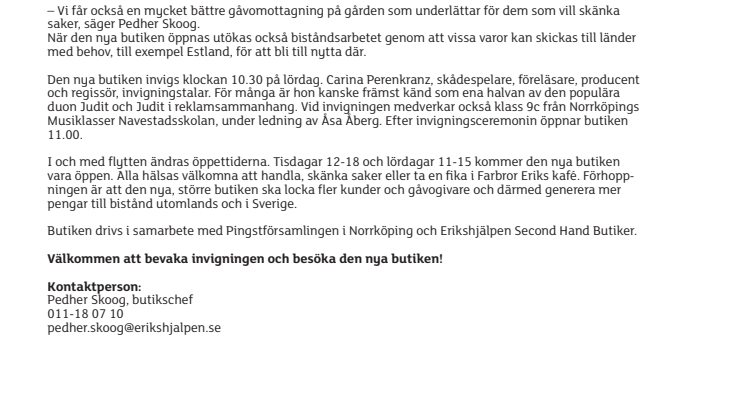 Ny Erikshjälpen-butik i Norrköping öppnar på lördag