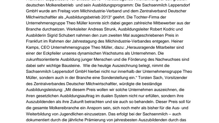 Sachsenmilch als „Ausbildungsbetrieb 2013“ ausgezeichnet