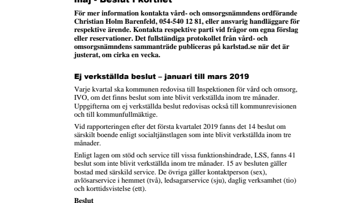 Vård- och omsorgsnämndens beslut i korthet 22 maj