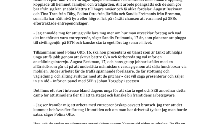 Fyra ungdomar från Yepstr på SEBs entreprenörsläger