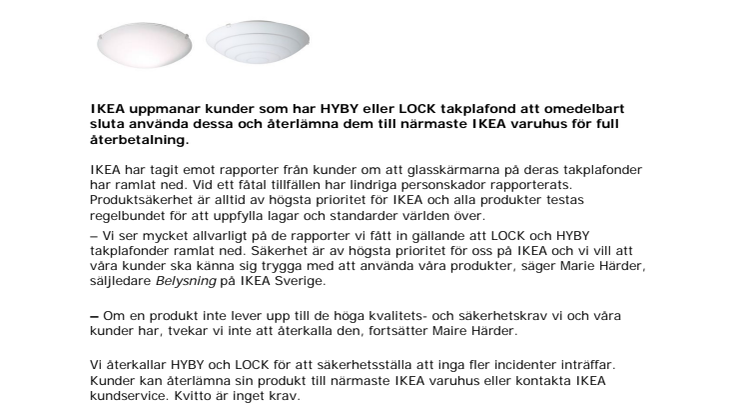 IKEA återkallar HYBY och LOCK takplafonder på grund av risk för att glasskärmen kan ramla ned