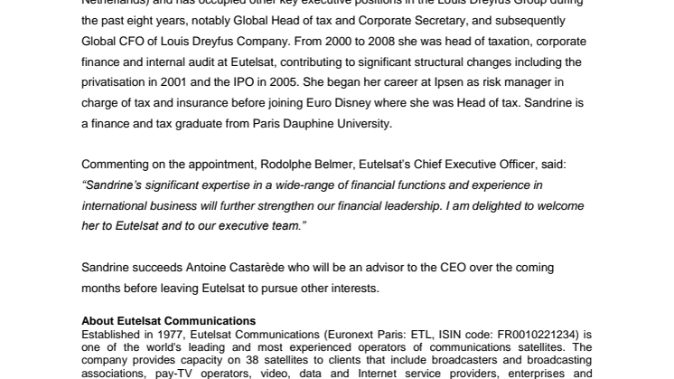 Eutelsat appoints Sandrine Téran as new Group Chief Financial Officer