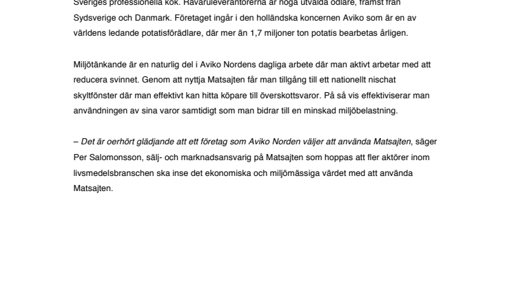 Aviko Norden AB väljer Matsajten.se