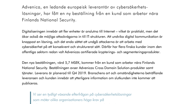 Advenica erhåller order värd 5,7 MSEK från finsk kund