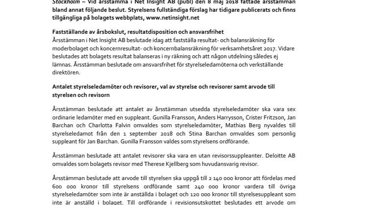 Kommuniké från årsstämma i Net Insight AB (publ)  den 8 maj 2018