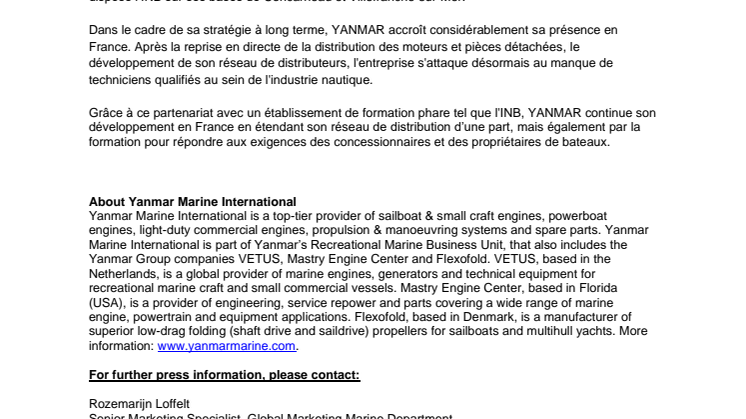 YANMAR S'associe à l'Institut Nautique de Bretagne pour Développer et Assurer la Formation Produit
