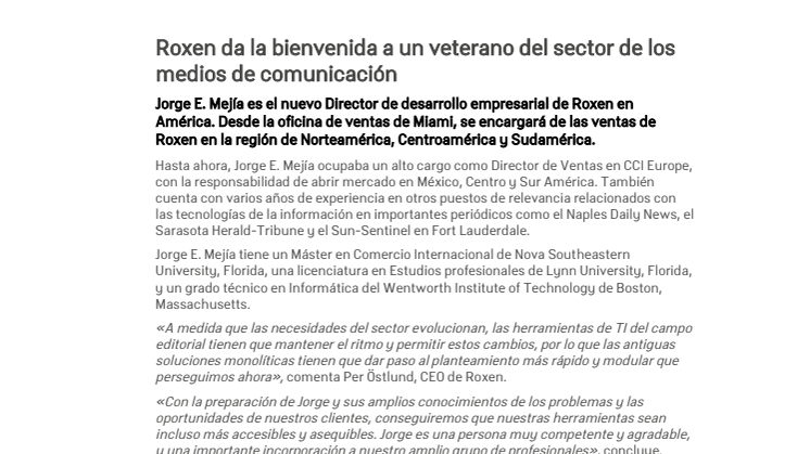 Roxen da la bienvenida a un veterano del sector de los medios de comunicación