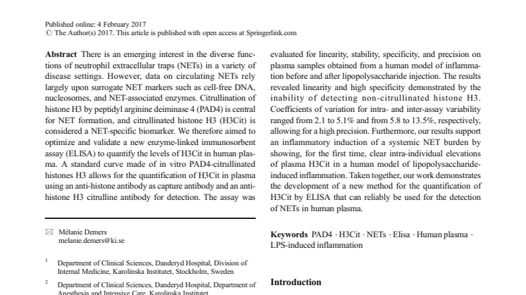 ”Validation of an enzyme-linked immunosorbent assay for the quantification of citrullinated histone H3 as a marker for neutrophil extracellular traps in human plasma.”