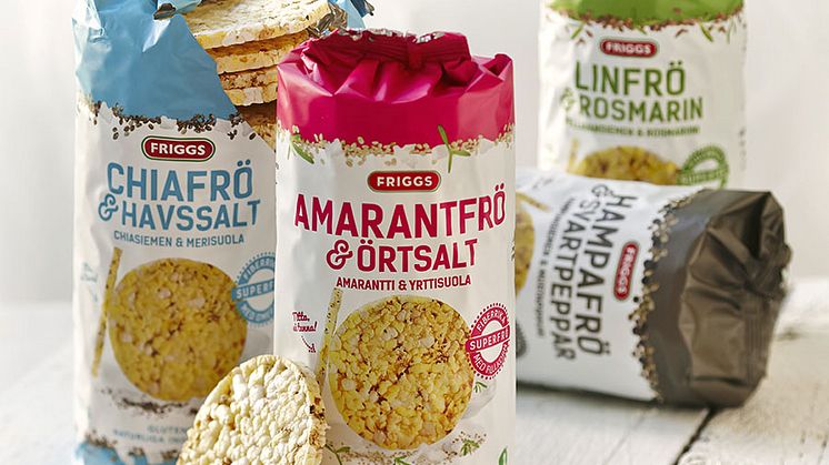 Amarantfrö och Örtsalt - nyhet i Friggs serie majskakor med superfrön