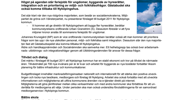 Budget 2011: Nyköping satsar på miljö– och folkhälsofrågor, feriejobb, hyresrätter och integration