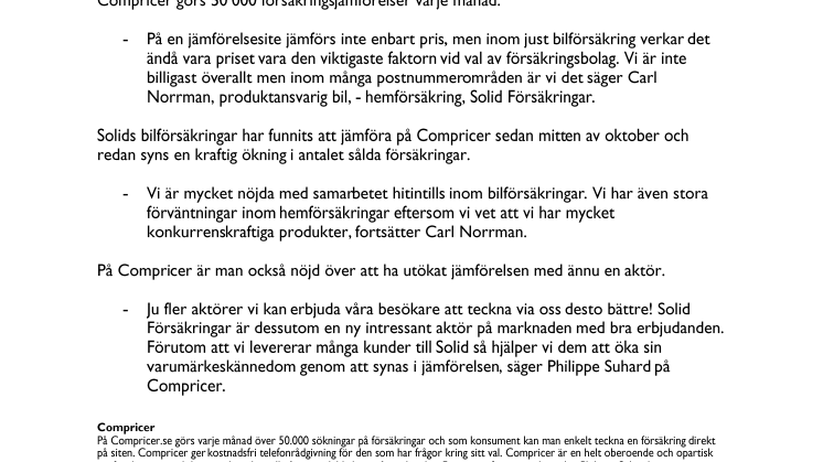 Solid Försäkringar och Compricer.se i samarbete