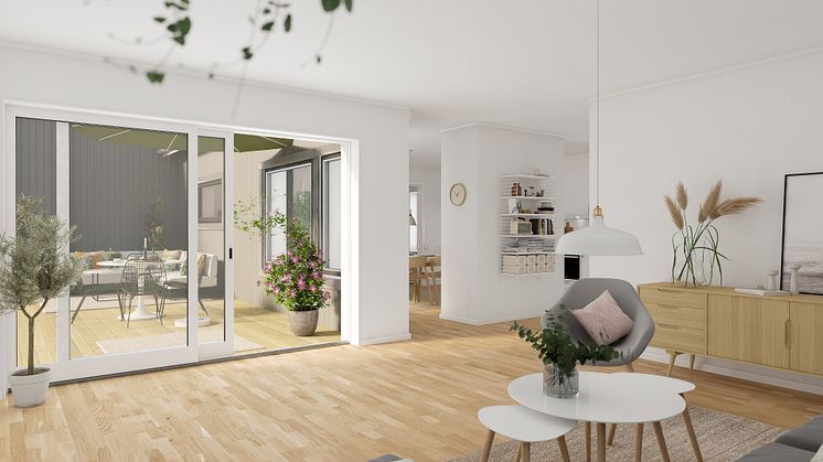 Brf Längtan - 3D-bild av vardagsrum och uteplats