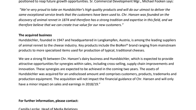 Chr. Hansen acquires dairy ingredient supplier Hundsbichler 