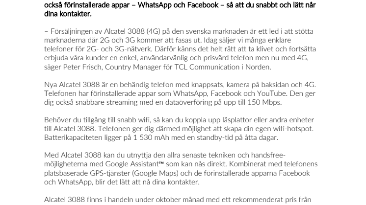 TCL Communication introducerar Alcatel 3088 i Norden – smart telefon med knappsats och 4G 