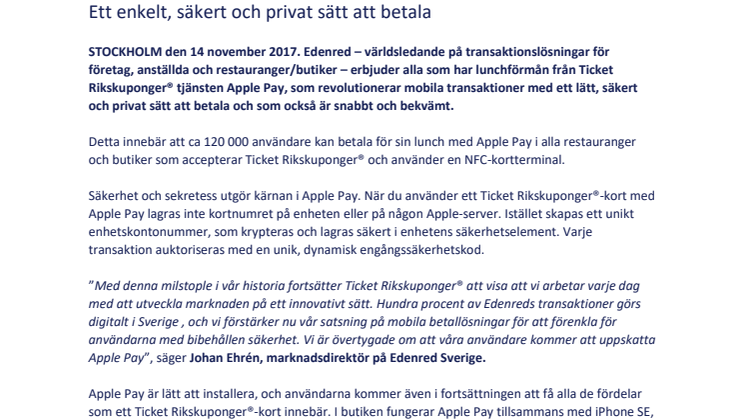 Edenred erbjuder Apple Pay till alla Ticket Rikskuponger®-kunder