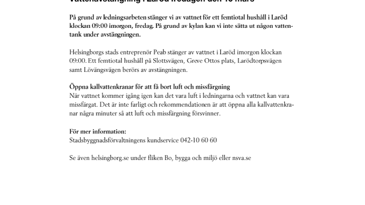 Vattenavstängning i Laröd fredagen den 15 mars