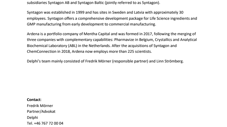 Delphi advisor to Ardena in the acquisition of Syntagon Invest AB
