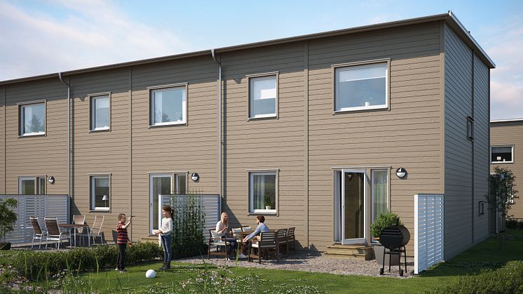 Illustration av trädgårdssida med uteplats och grästäppa, radhusen i BoKlok Fårhagen, Holmängs Hage, Vänersborg. 