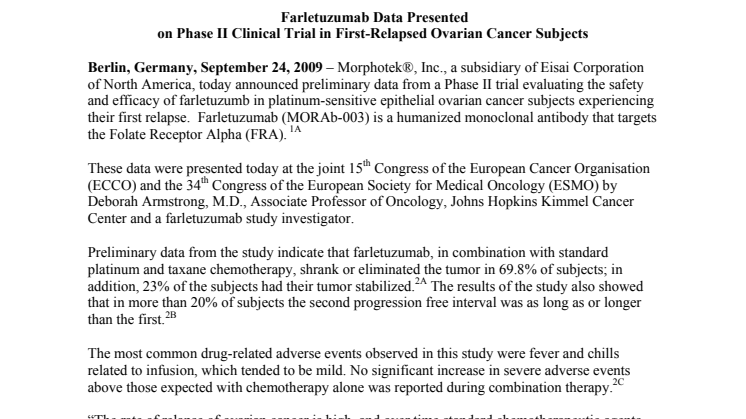 Farletuzumab Data Presented on Phase II Clinical Trial in First-Relapsed Ovarian Cancer Subjects