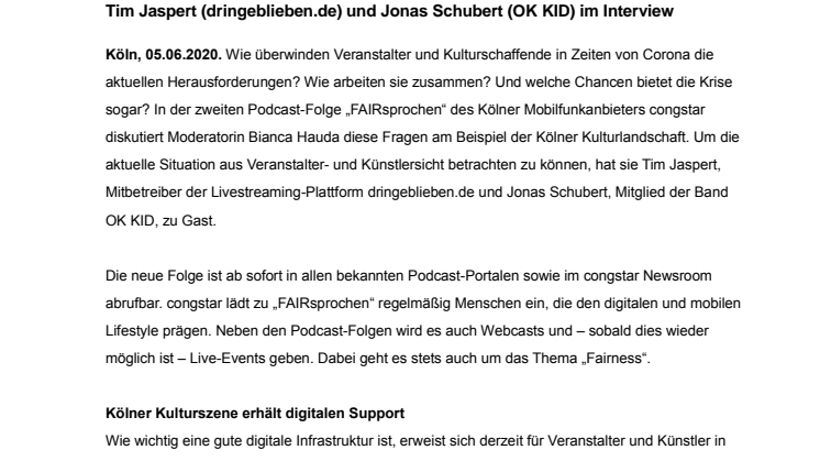 Kölner Kultur contra Corona: neue Podcast-Folge „congstar FAIRsprochen“