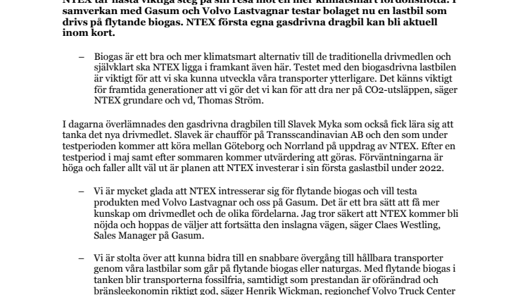 NTEX viktiga klimatarbete fortsätter – testar dragbil som drivs med biogas 