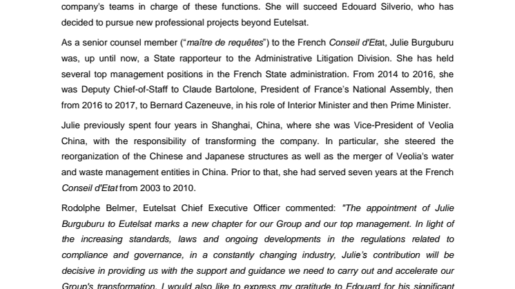 Eutelsat announces the appointment of new Company Secretary, Julie Burguburu