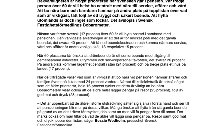 Bobarometern visar: Att bo centralt med närhet till affären viktigast för svenska pensionärer