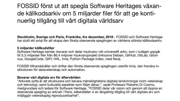 FOSSID etablerar första oberoende speglingen av världens största arkiv av öppen källkod
