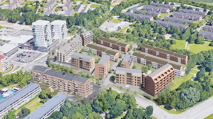 De planerade husen längs med Norrängavägen och Vikingavägen. Illustration: Tengbom arkitekter 