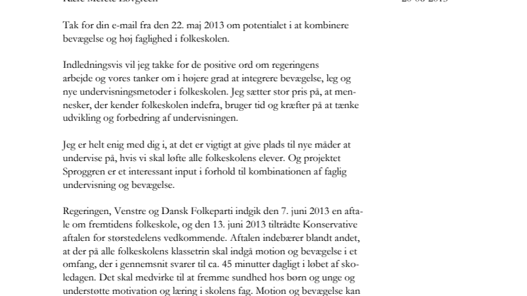 Brev fra Christine Antorini til Sproggren