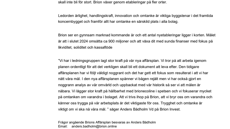 Brion presenterar ny Affärsplan