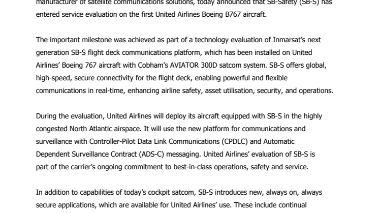 Cobham SATCOM: Inmarsat SB-Safety connected flight deck  enters service evaluation on United Airlines 