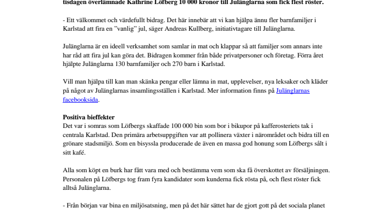 Löfbergs honung gav 10 000 kronor till Julänglarna
