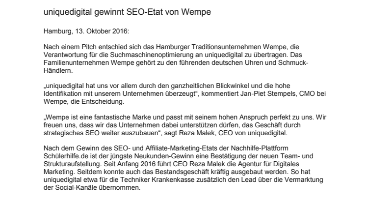  uniquedigital gewinnt SEO-Etat von Wempe