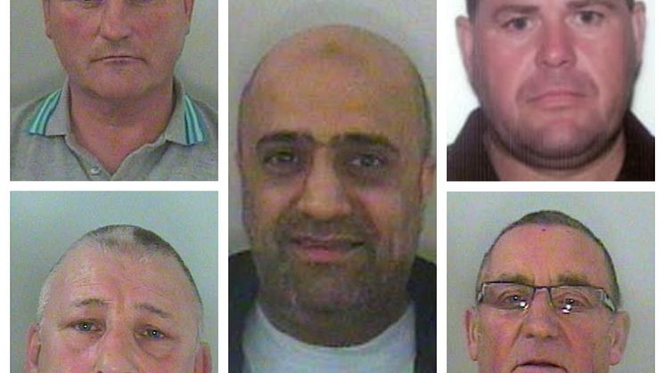 Members of the criminal network (clockwise from left to right) Wayne Brown, Lee Foster, Keith Allen, James Willmott and Iqbal Haji (centre)
