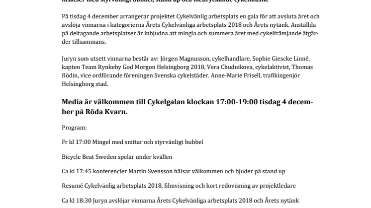 Pressinbjudan: Gala med prisutdelning för cykelvänliga arbetsplatser