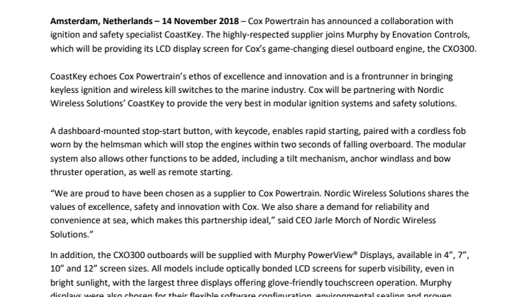 Cox Powertrain Announces partnership with CoastKey